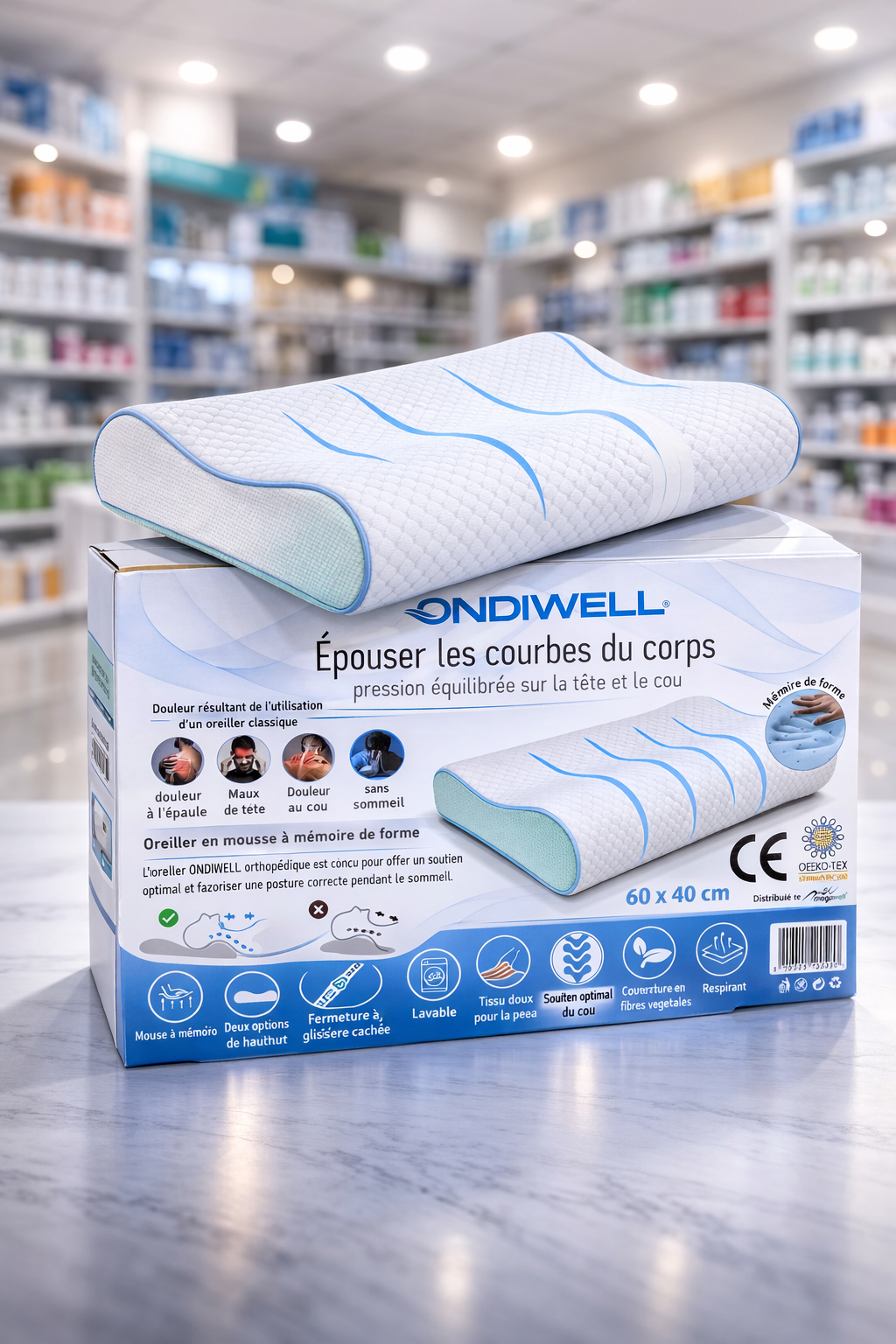 Oreiller Orthopédique Mousse à Mémoire Wave 60x40cm ONDIWELL_وسادة طبية مريحة لتقويم العمود الفقري بتقنية الذاكرة